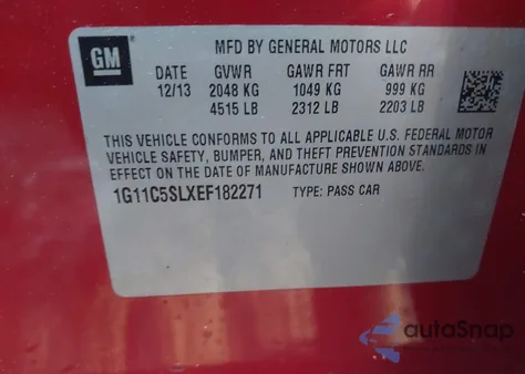 2014 Chevrolet Malibu 1Lt from USA, damaged, VIN 1G11C5SLXEF182271